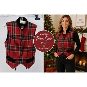 Vtg Pine Cove Red Tartan Plaid Vest Velvet Trim Preppy Holiday USA Sz Small